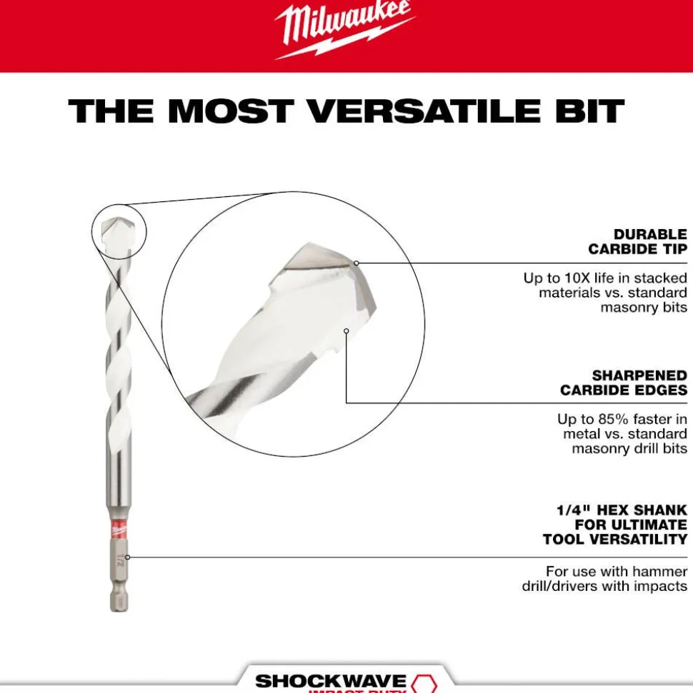Milwaukee 1/4" x 10" x 12" SHOCKWAVE Impact Duty Carbide Multi-Material Drill Bit 48-20-8887