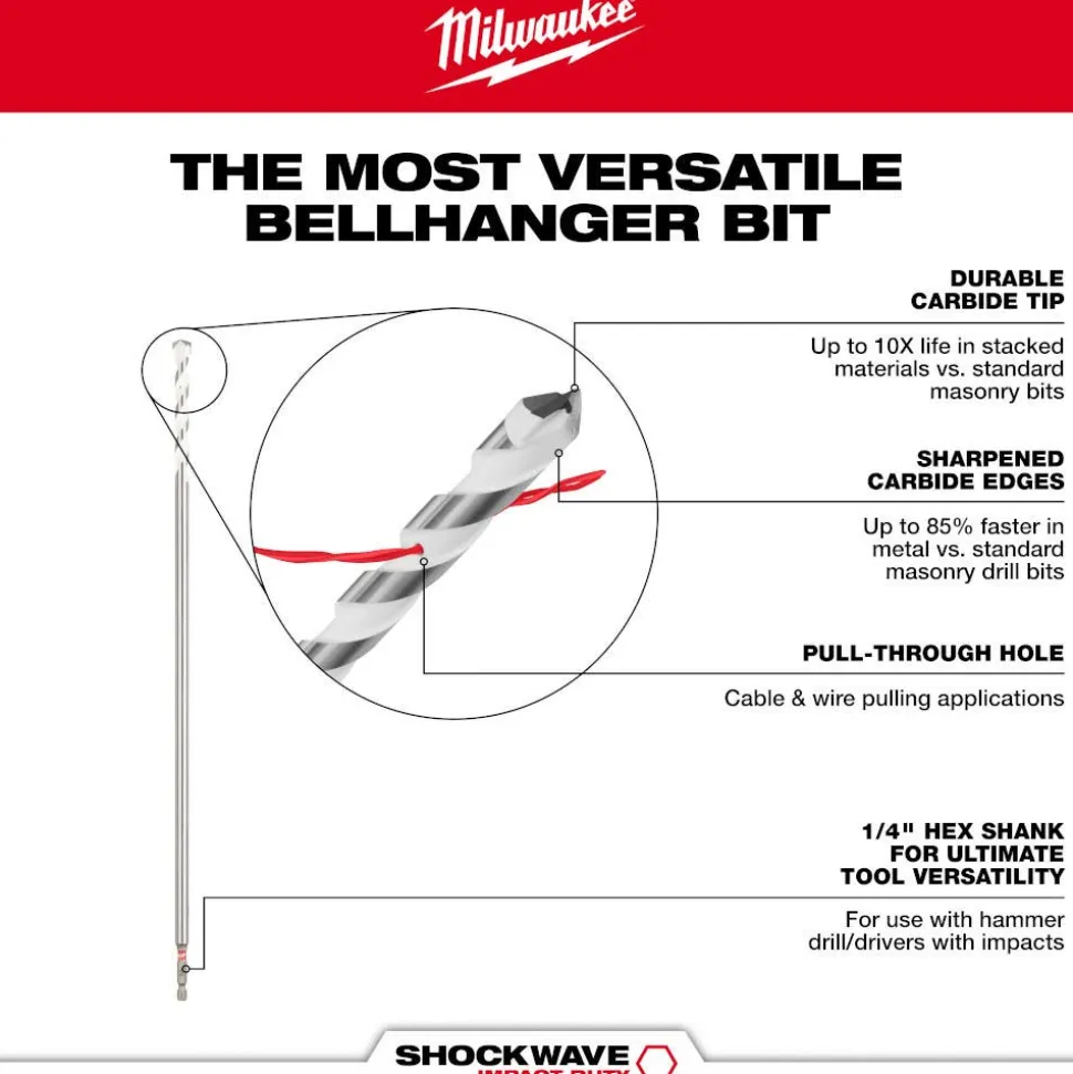 Milwaukee 5/16" x 16" x 18" SHOCKWAVE Impact Duty Carbide Bellhanger Multi-Material Bit 48-20-8862