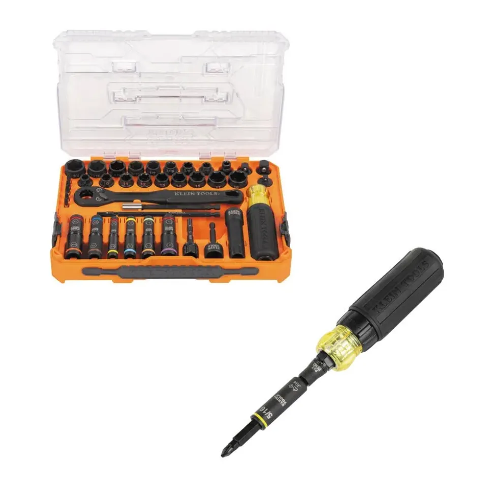 NECT Complete Impact Pass Through and Flip Socket Set, 39-Piece w/ KNECT 11-in-1 Ratcheting Impact Rated Screwdriver / Nut Driver